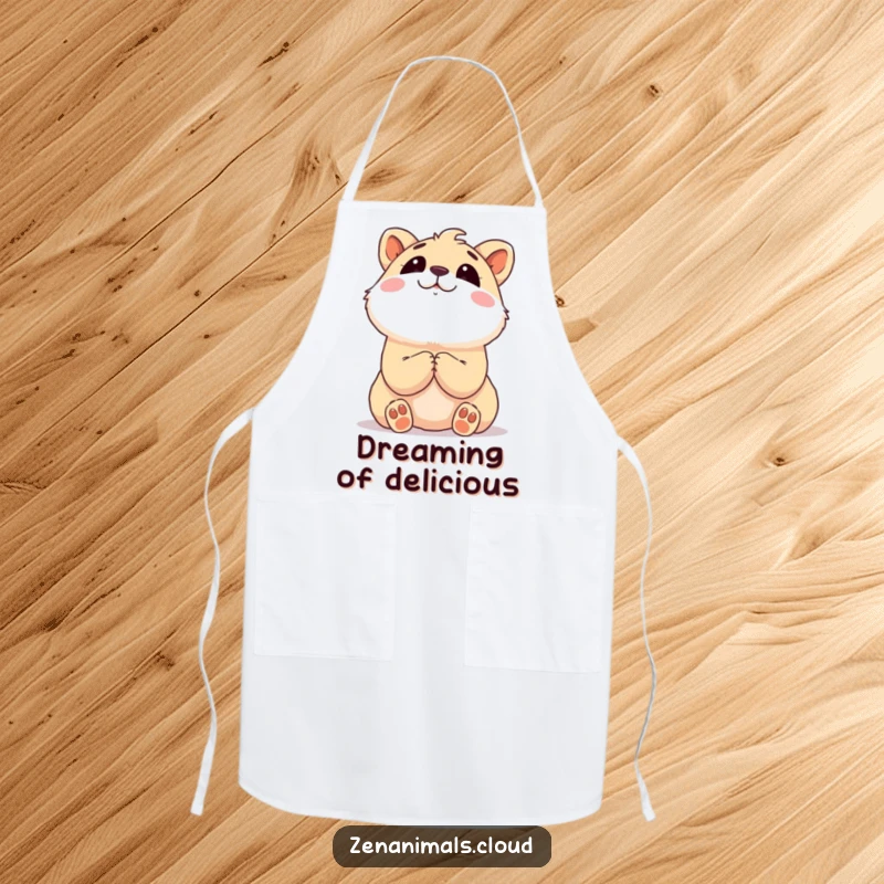 Funny animal with clasped paws looking upwards dreamily, a humorous and practical apron.