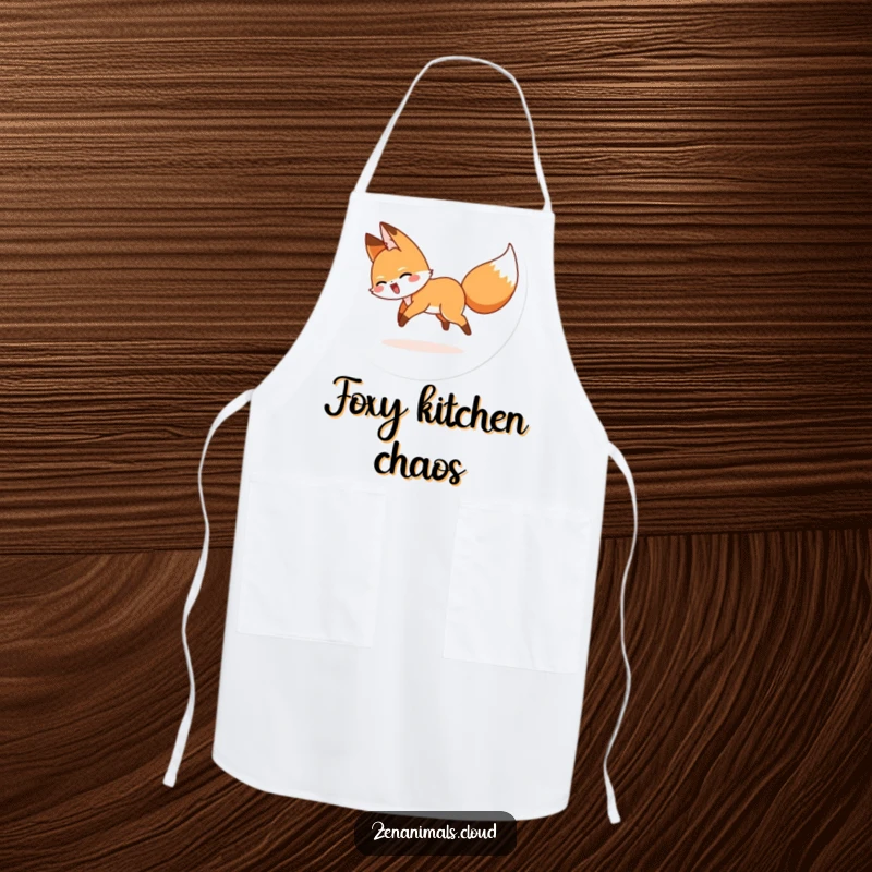 Funny apron illustrating a cartoon fox in a hilarious, circular chase after its own tail while cooking.