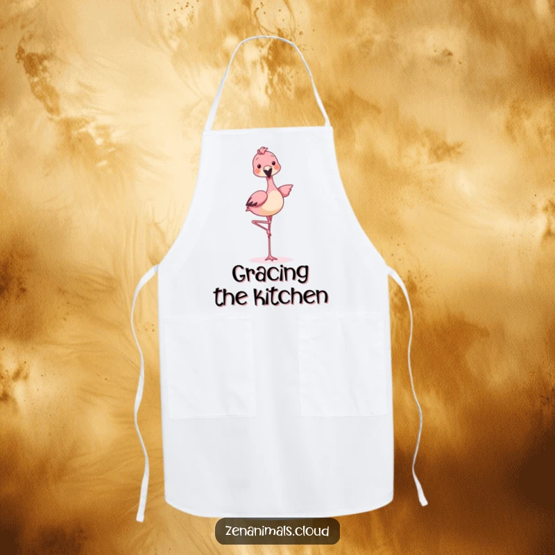 Funny animal balancing on one leg like a flamingo, a humorous and practical apron.