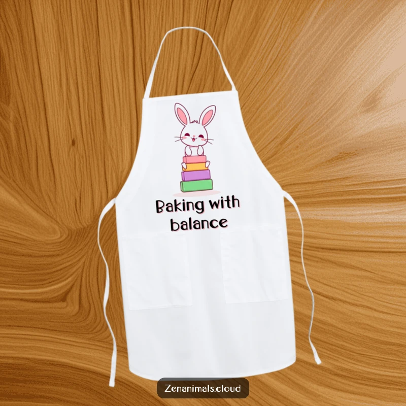 Funny bunny yoga apron with a cheerful rabbit balancing yoga blocks, practical and humorous for the kitchen.