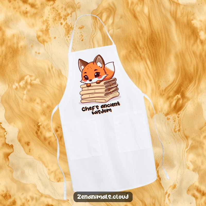Funny curious fox peeking from behind ancient scrolls, tail wagging, durable and humorous kitchen apron for cooks.