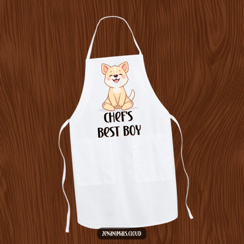 Funny apron featuring a happy dog in a lotus position, tail wagging, adding whimsical amusement to kitchen tasks.