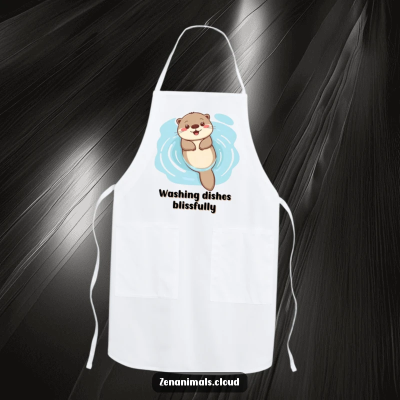 Funny happy otter floating on water apron, bringing cheerful and serene humor to kitchen tasks.