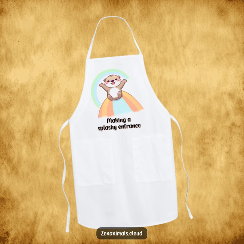 Funny Otter Apron: A happy otter slides down a rainbow with arms wide, bringing playful joy to the kitchen and cooking tasks.