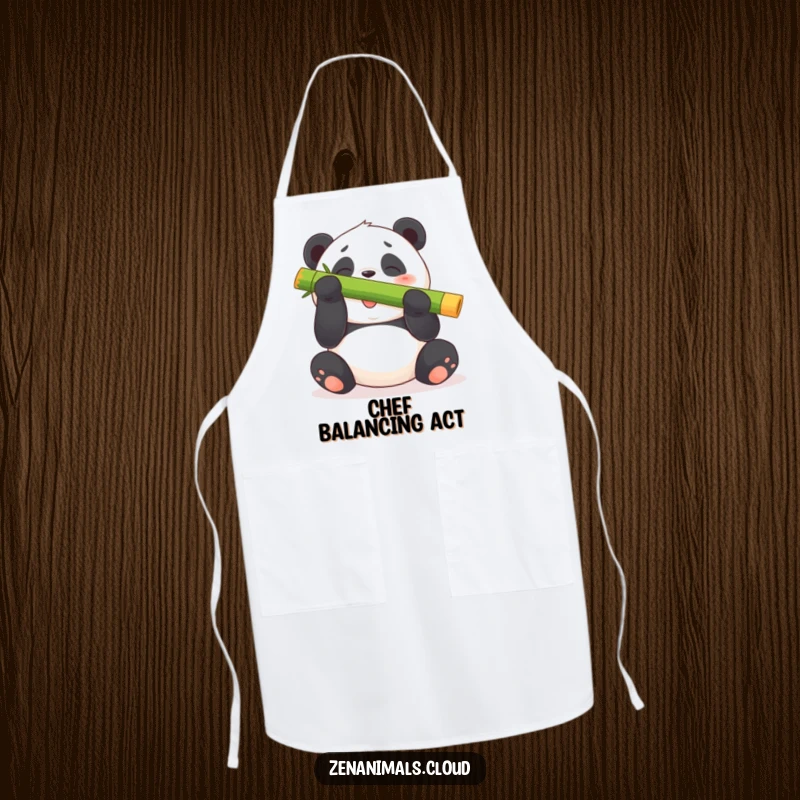 Funny panda bear apron showing a plump bear giggling while balancing a large bamboo shoot on its nose.