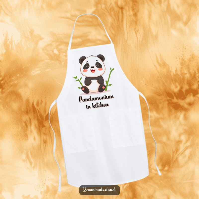 Funny apron featuring a smiling panda juggling bamboo shoots, perfect for a humorous and practical kitchen accessory.