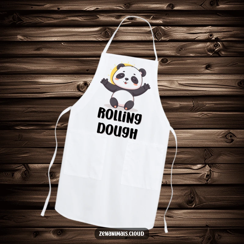 Funny panda doing a sun salutation apron, bringing zen humor to kitchen tasks.