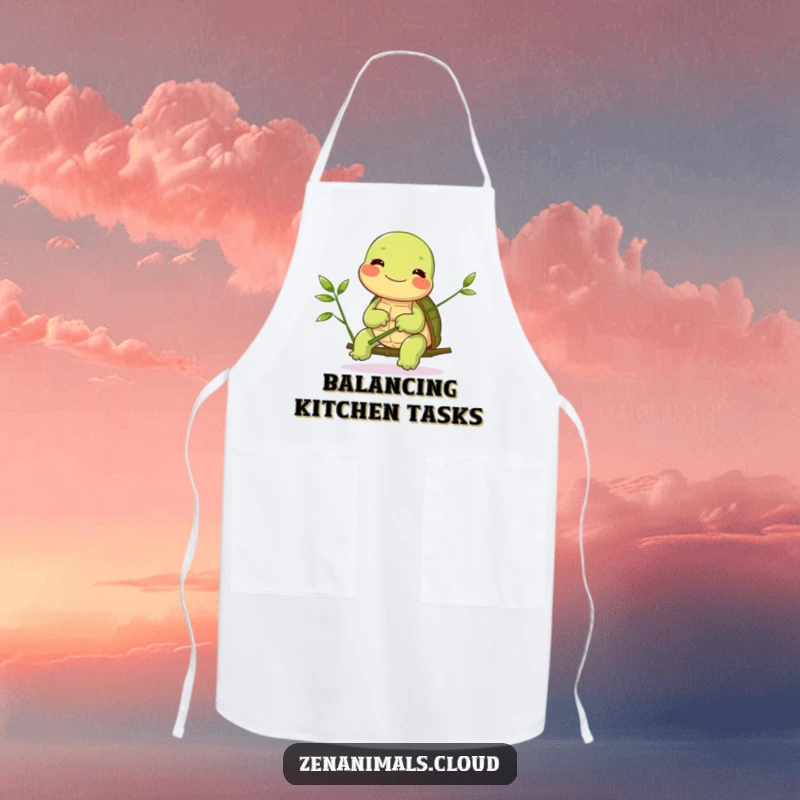 Funny Turtle Apron: A giggling turtle balances bamboo, bringing patience, humor, and whimsical charm to your kitchen tasks.