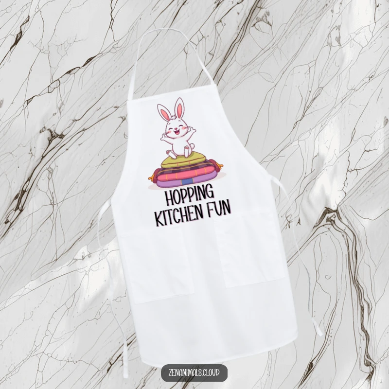 Funny apron featuring a bouncy bunny humorously hopping over meditation cushions, adding a touch of zen and humor to kitchen wear.