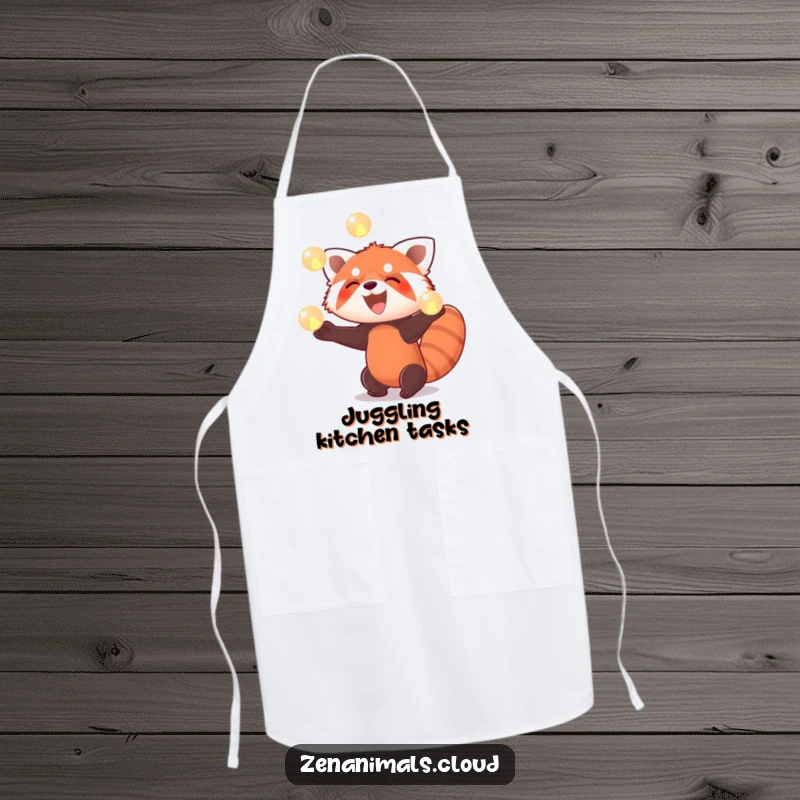 Funny red panda apron showing a red panda enthusiastically juggling three glowing orbs with a wide smile.