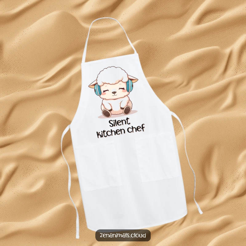 Funny sheep meditation apron showing a sheep with headphones meditating peacefully, a humorous kitchen accessory.