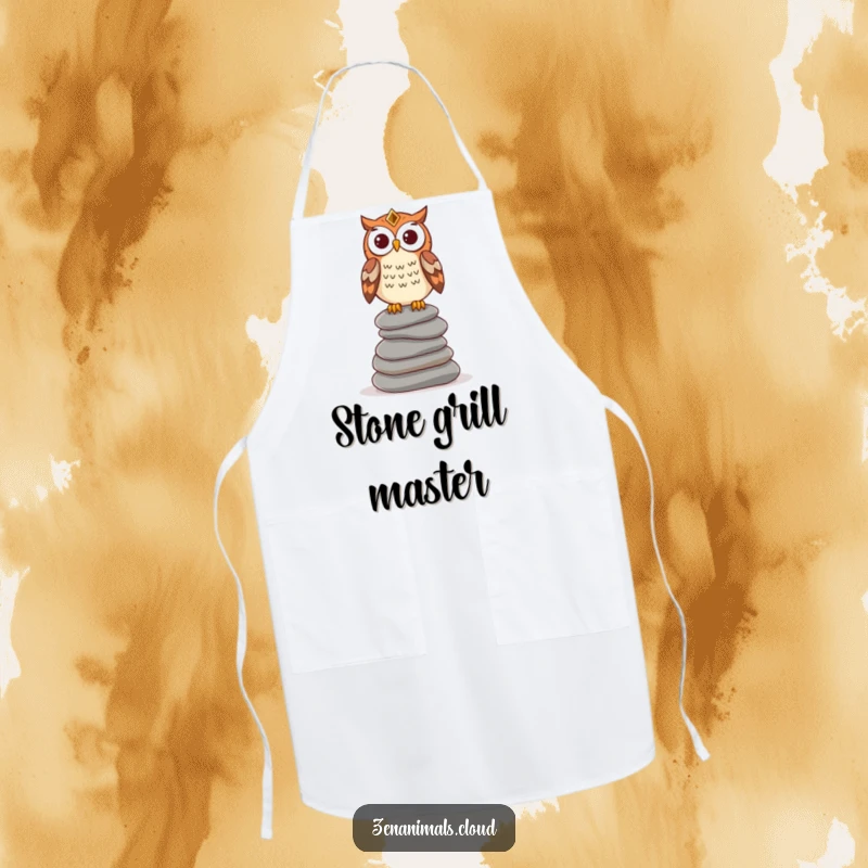 Funny wise owl apron showing an owl perched on stones, a humorous kitchen accessory for those who cook with contemplation.
