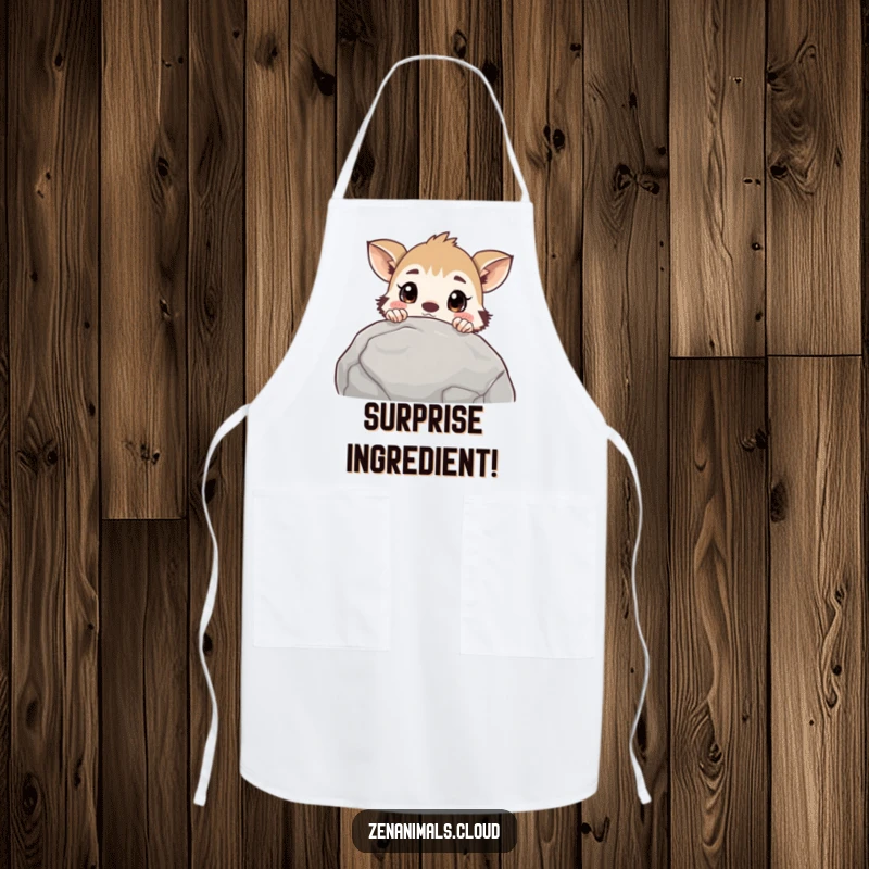 Funny curious animal apron showing a creature peeking over a rock with a surprised expression, ideal for culinary exploration.