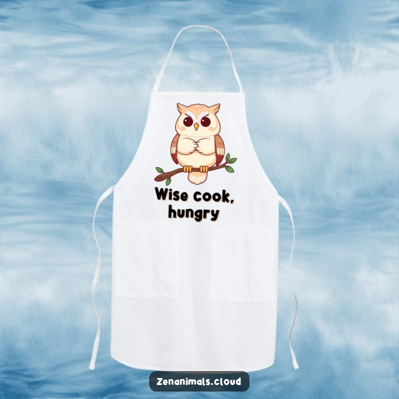 Funny owl apron with a serene owl contemplating, practical and humorous for the kitchen.