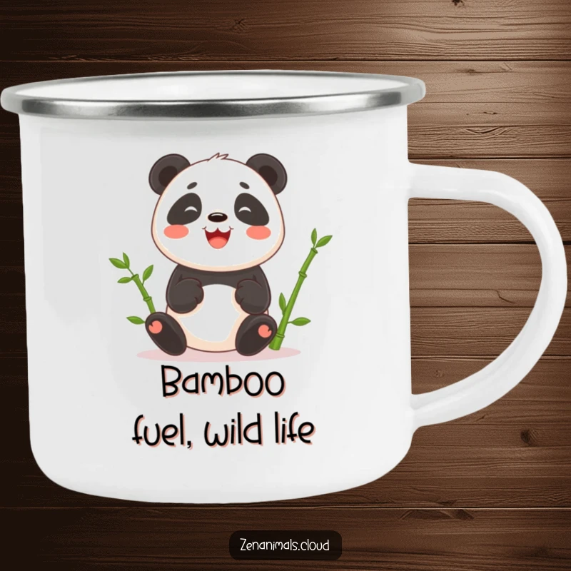 Funny camping mug showing a happy panda juggling bamboo shoots, ready for any outdoor, humorous escapade.