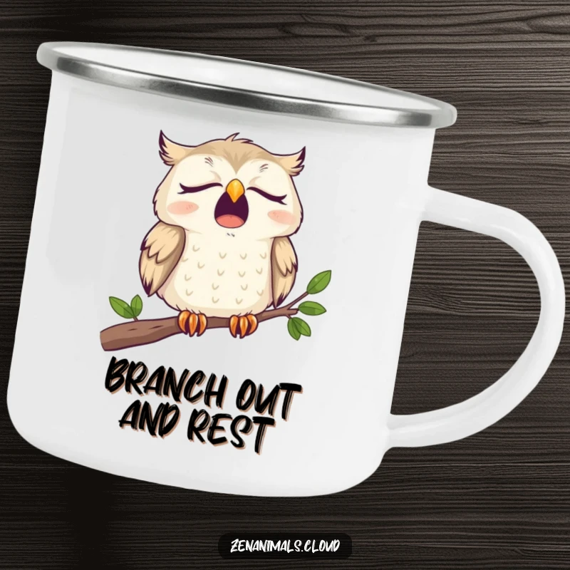 Funny Camping Mug featuring a sleepy owl yawning widely on a branch, designed for outdoor humor and relaxation.