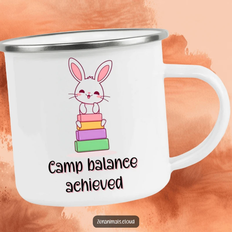 Funny bunny yoga camping mug with a cheerful rabbit balancing yoga blocks, durable and humorous for outdoor lovers.