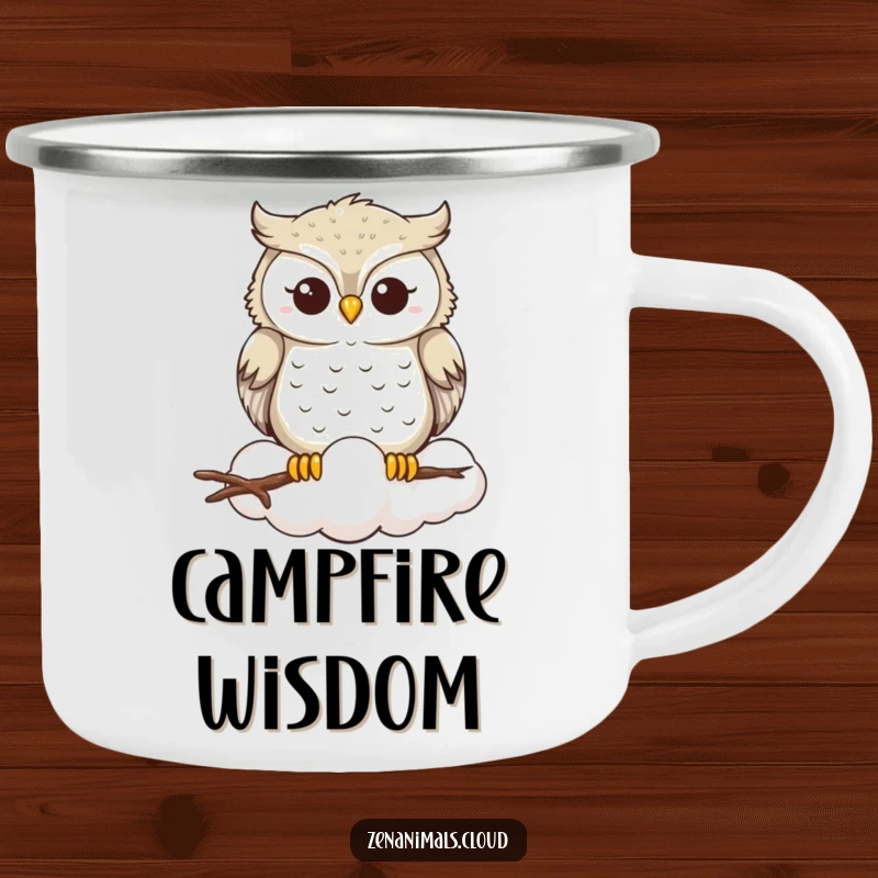 Funny Owl Camping Mug: A serene owl smiles peacefully on a cloud, bringing wisdom and humor to your outdoor beverage enjoyment.