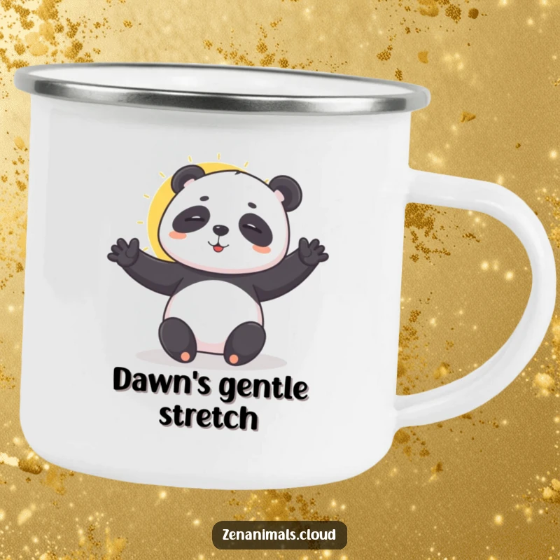 Funny playful panda doing a sun salutation camping mug, bringing zen and humor to outdoor beverages.