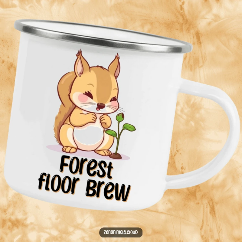 Funny Squirrel Camping Mug: A robust camping mug featuring a curious squirrel examining a tiny sprout, ideal for outdoor observation.