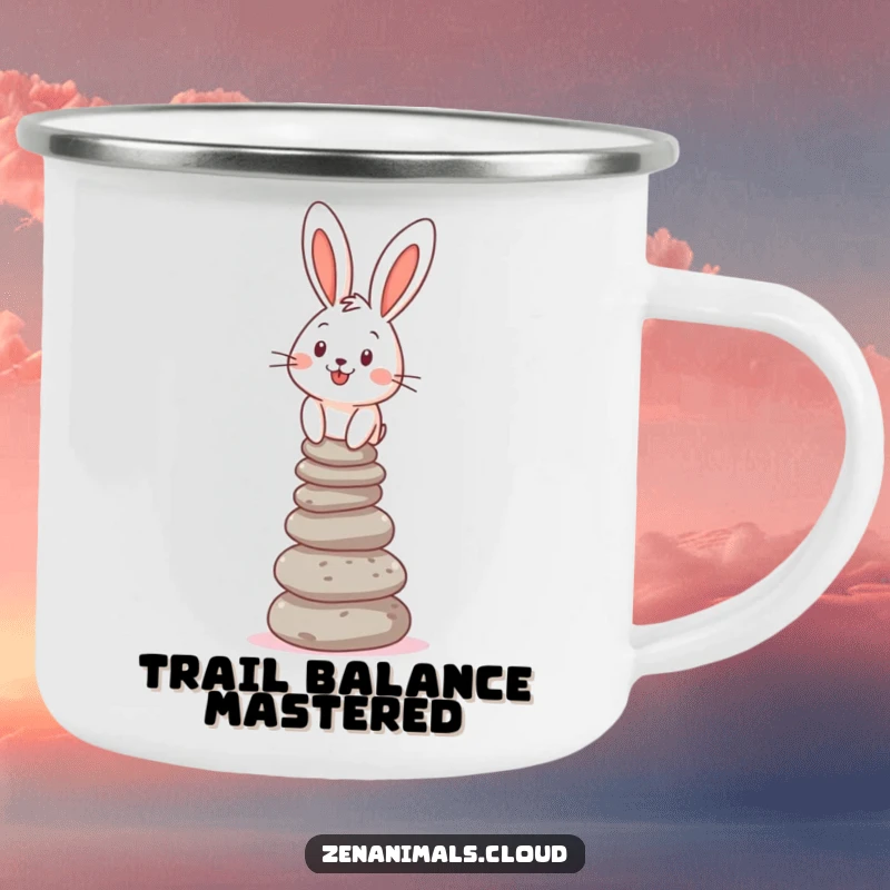 Funny Camping Mug featuring a cheerful bunny balancing a stack of pebbles, designed for outdoor humor and durability.