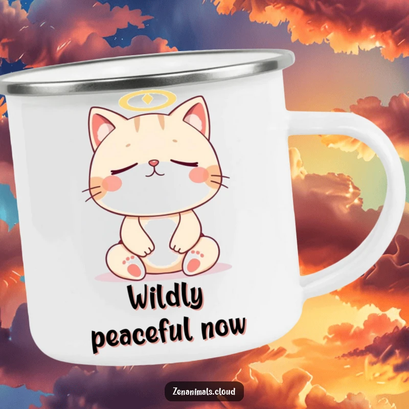 Funny cat meditation camping mug, enamel mug with a meditating cat and halo, humorous and sturdy drinkware.