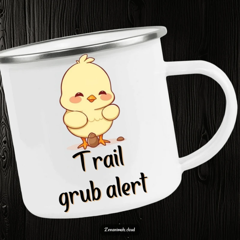 Funny chick character pecking a seed with a smile on this durable, humorous camping mug, perfect for outdoor enjoyment.