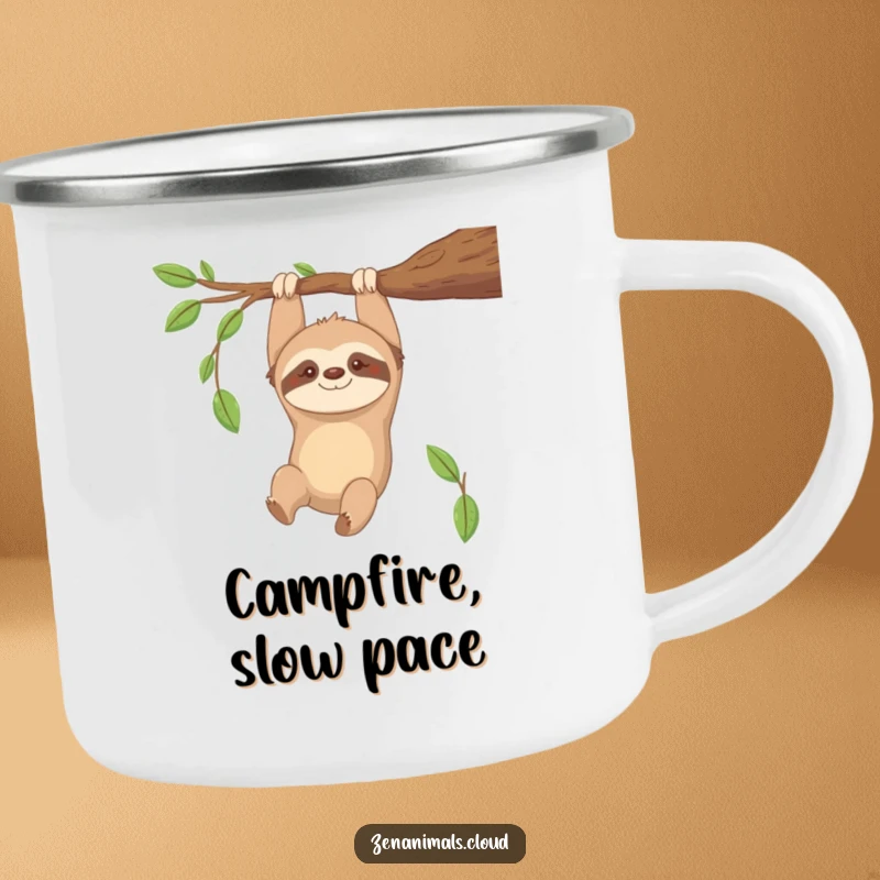 Funny Sloth Camping Mug: Contented sloth hanging upside down from a branch, smiling gently, a humorous outdoor mug.