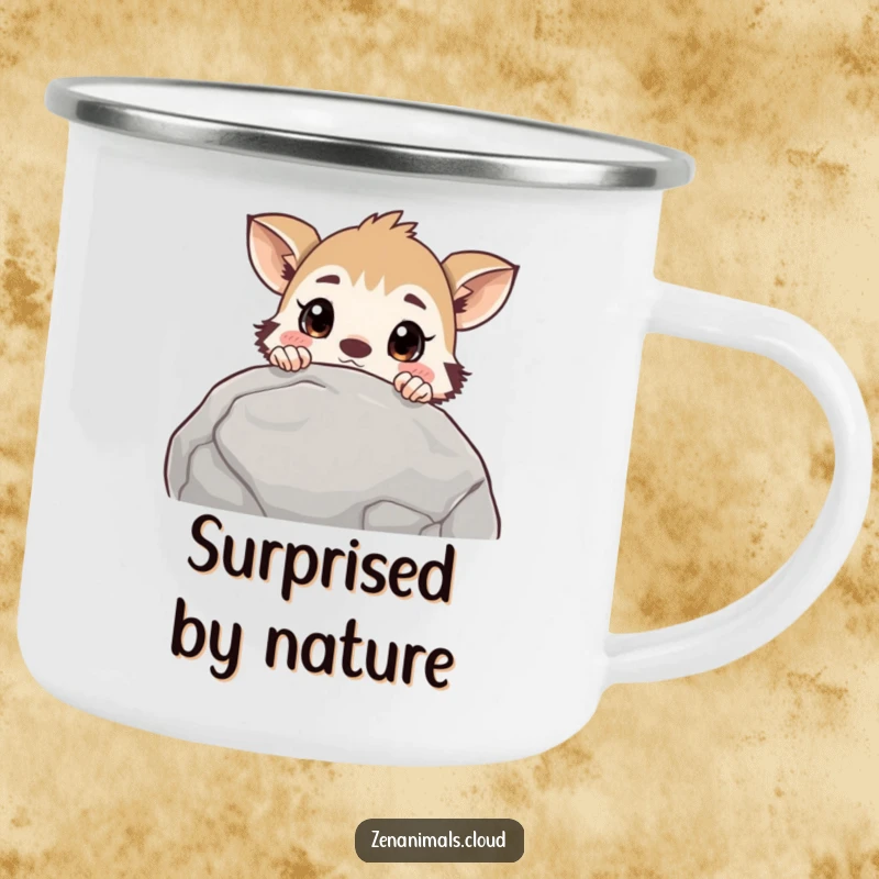 Funny curious animal camping mug showing a creature peeking over a rock with a surprised expression, designed for adventurous spirits.