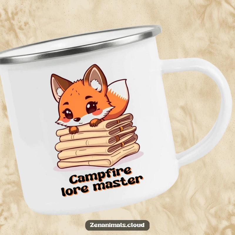 Funny curious fox peeking from behind ancient scrolls, tail wagging, durable enamel camping mug for outdoor use.