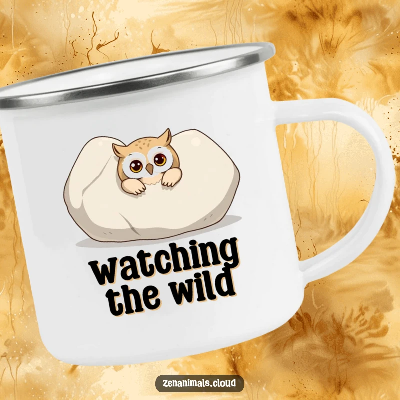 Funny Owl Camping Mug: A curious owl peeking out from behind a large, smooth stone, great for outdoor enjoyment.