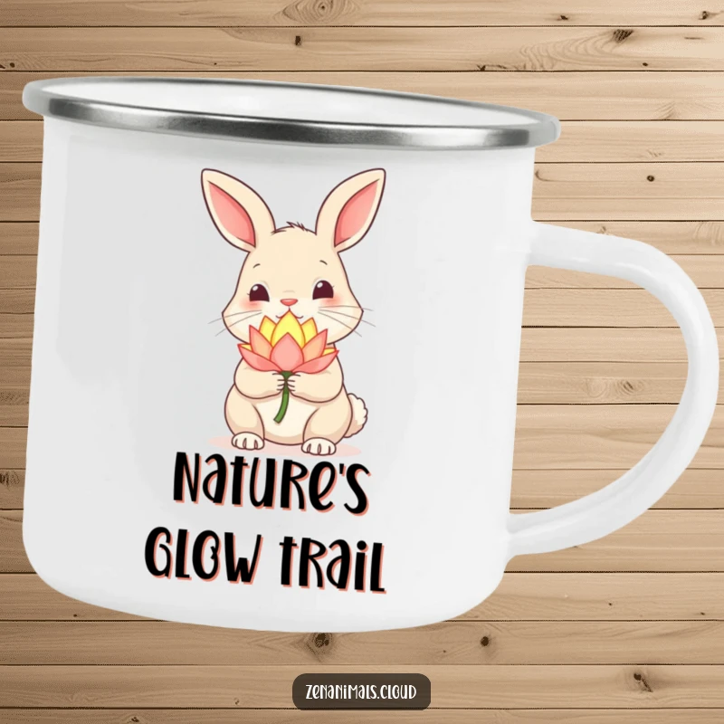 Funny Rabbit Camping Mug: Curious rabbit holding a glowing lotus flower, nose twitching, a humorous outdoor mug.