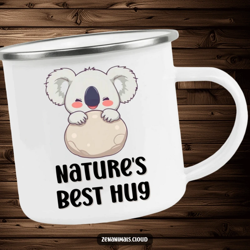 Funny Camping Mug with a joyful koala hugging a stone, eyes wide with delight, ideal for outdoor trips and happy drinks.