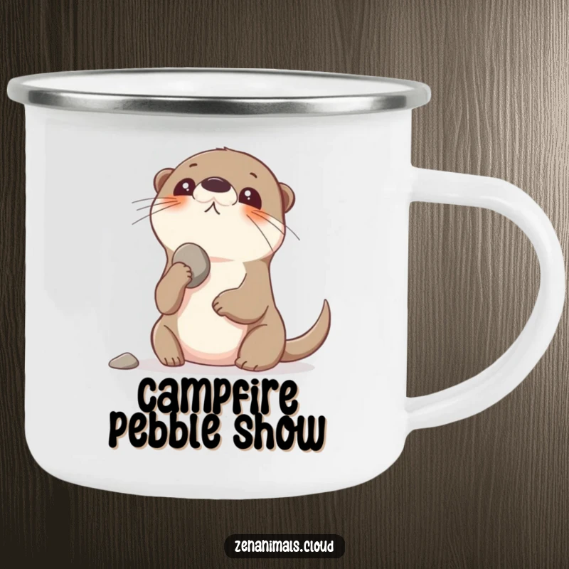 Funny playful otter balancing a pebble on its nose, looking up, perfect for camping and hot drinks.