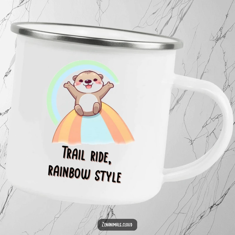 Funny Otter Camping Mug: A happy otter slides down a rainbow, outdoors, bringing a sense of adventurous fun and joy.