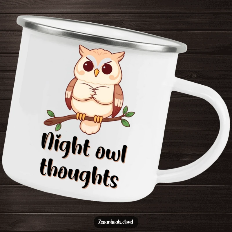 Funny owl camping mug with a serene owl contemplating, durable and humorous for outdoor lovers.