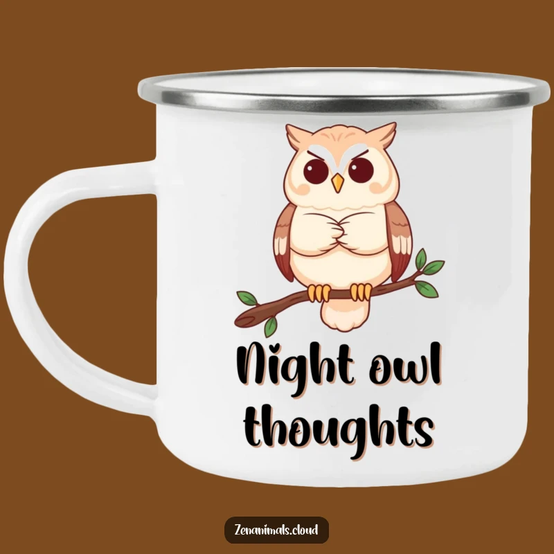 Funny Owl Contemplation Camping Mug: Wise Bird Enamel Cup, Outdoorsy Gift