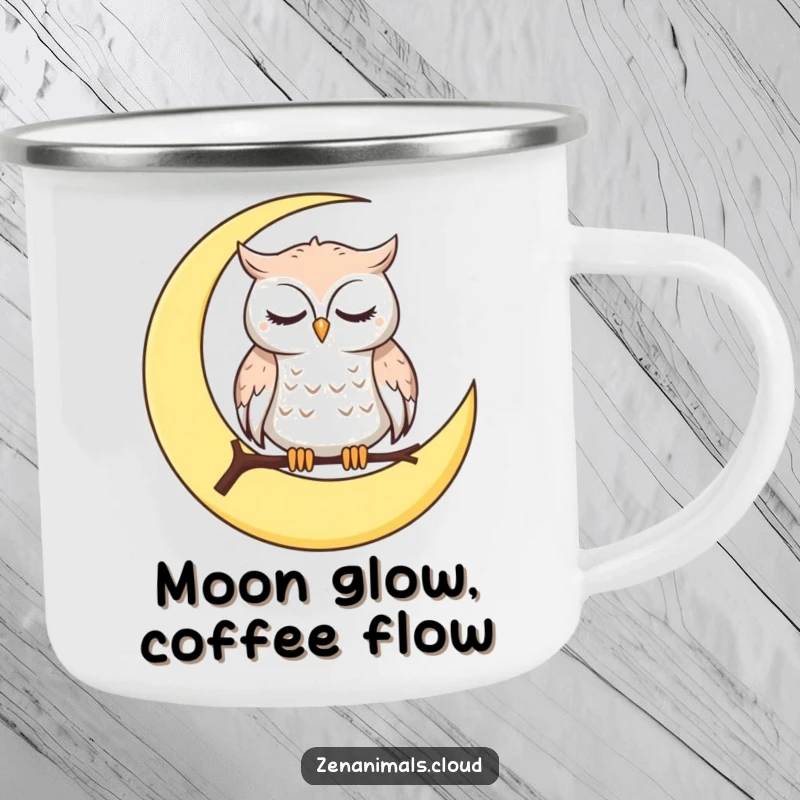 Funny Camping Mug with a calm owl on a crescent moon, blinking slowly, perfect for enjoying drinks outdoors with humor.