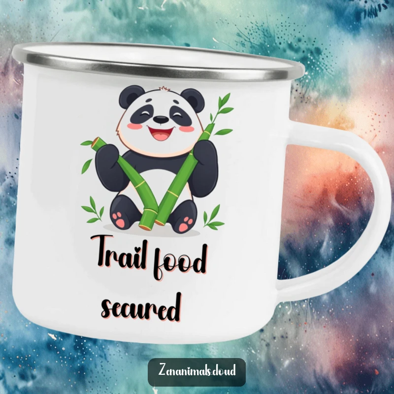 Funny Panda Camping Mug: Happy panda juggling bamboo shoots with a wide grin, a humorous outdoor mug.