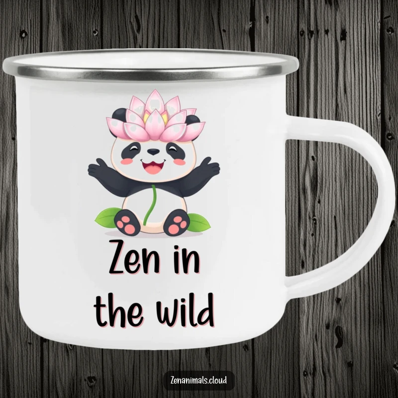 Funny panda lotus camping mug, enamel mug with a panda balancing a flower, humorous and sturdy drinkware.