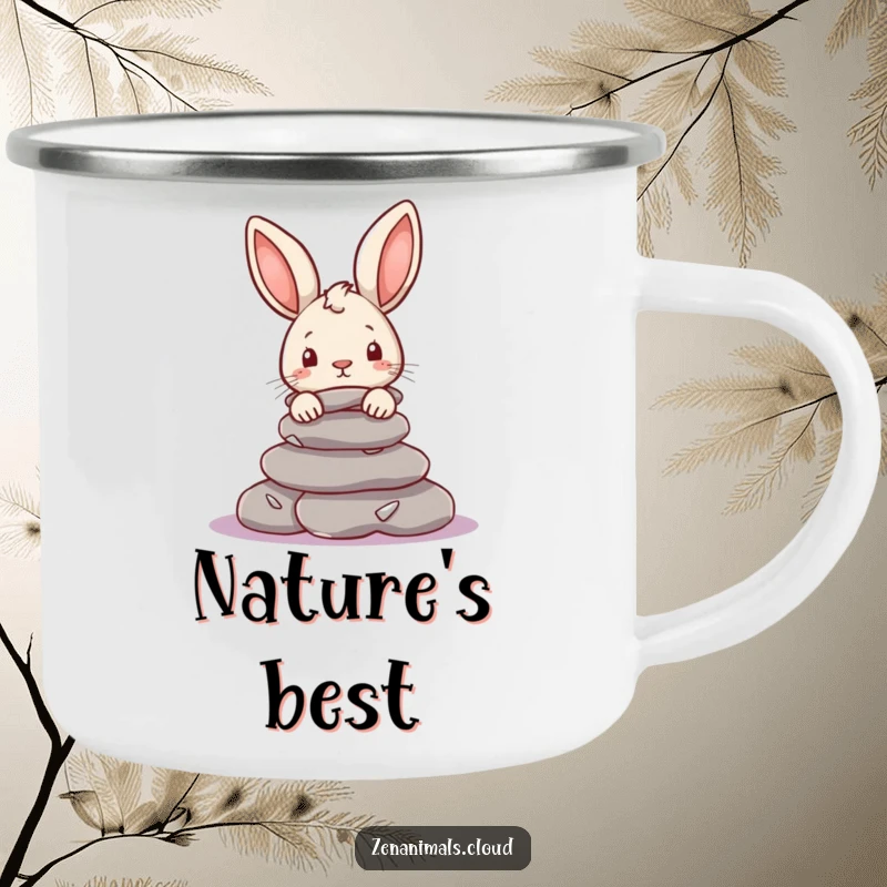 Funny Rabbit Camping Mug: A curious rabbit peeks from behind smooth river stones, ready for your outdoor adventures with a smile.