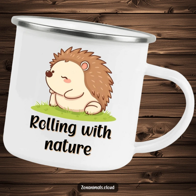 Funny camping mug showing a happy hedgehog rolling on its back, ready for any outdoor, humorous escapade.