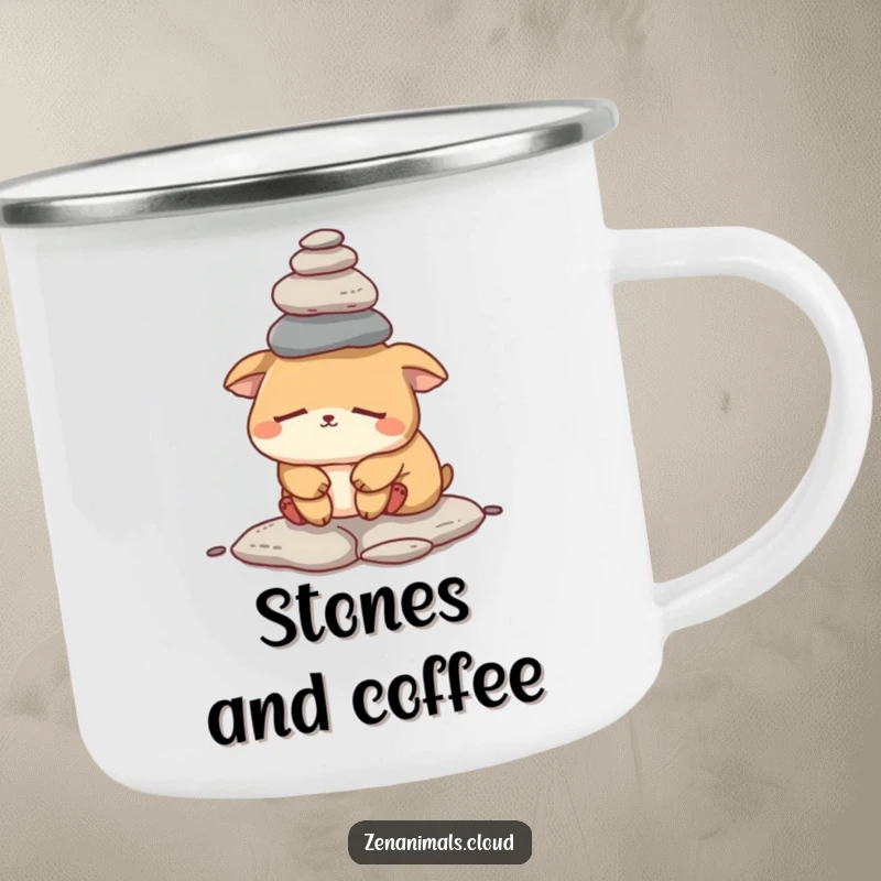 Funny sleepy animal camping mug showing a tired creature balancing rocks, designed for coffee lovers who understand the morning struggle.