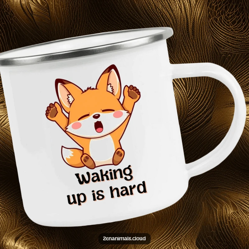 Funny Fox Camping Mug: A sleepy fox yawning widely and stretching its arms upwards, great for outdoor relaxation.