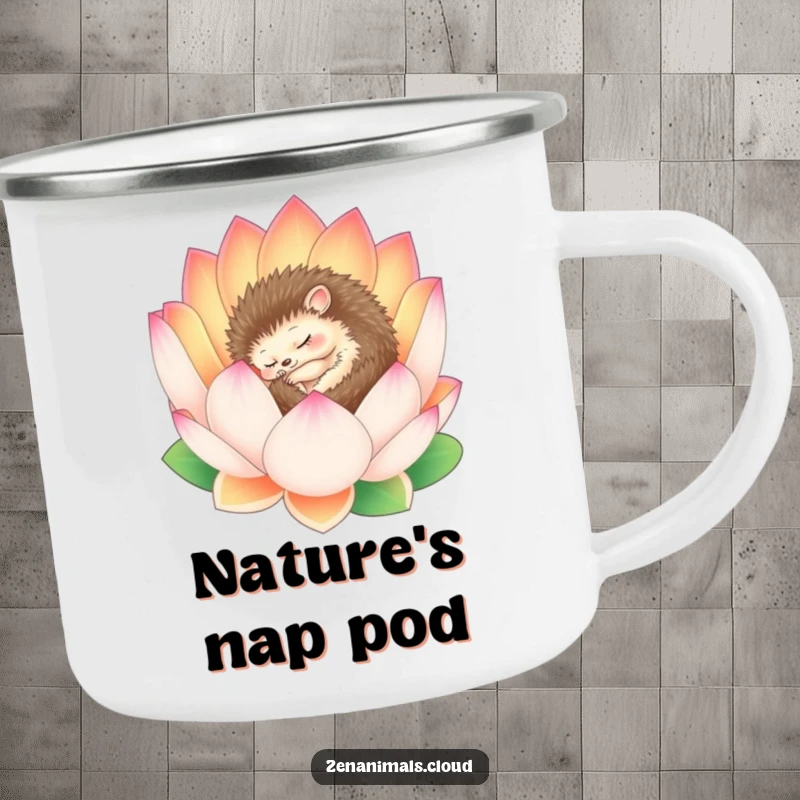 Funny Hedgehog Camping Mug: A serene hedgehog sleeps within a lotus flower, bringing peace to outdoor adventures.