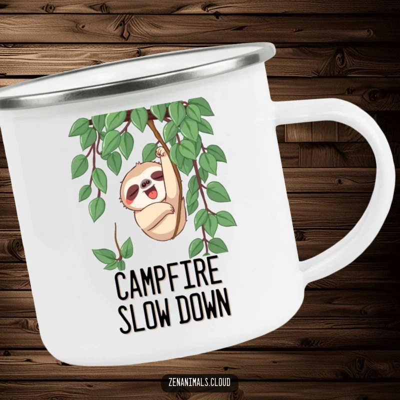 Funny sloth character slowly reaching for a vine with a yawn on this durable, humorous camping mug, perfect for outdoor enjoyment.