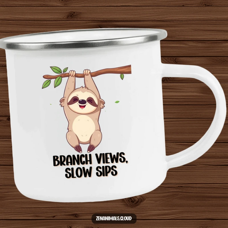 Funny camping mug with a giggling sloth hanging from a branch, perfect for enjoying drinks during outdoor adventures.