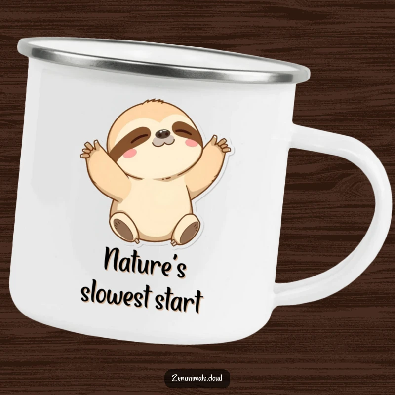 Funny Sloth Camping Mug: A robust camping mug featuring a sloth slowly stretching its arms, ideal for relaxed outdoor moments.