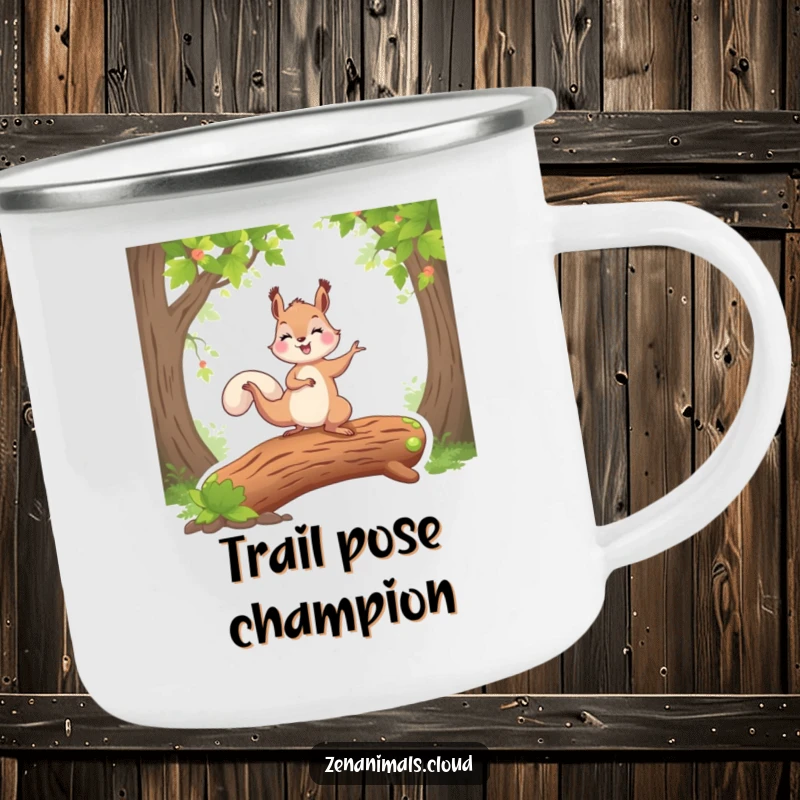 Funny happy squirrel doing a yoga pose on a mossy log, balancing on one paw, durable enamel mug.