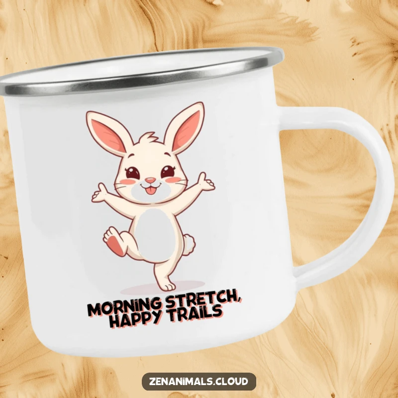 Funny Bunny Camping Mug: A cheerful bunny in a playful yoga pose with one leg extended, great for outdoor enjoyment.